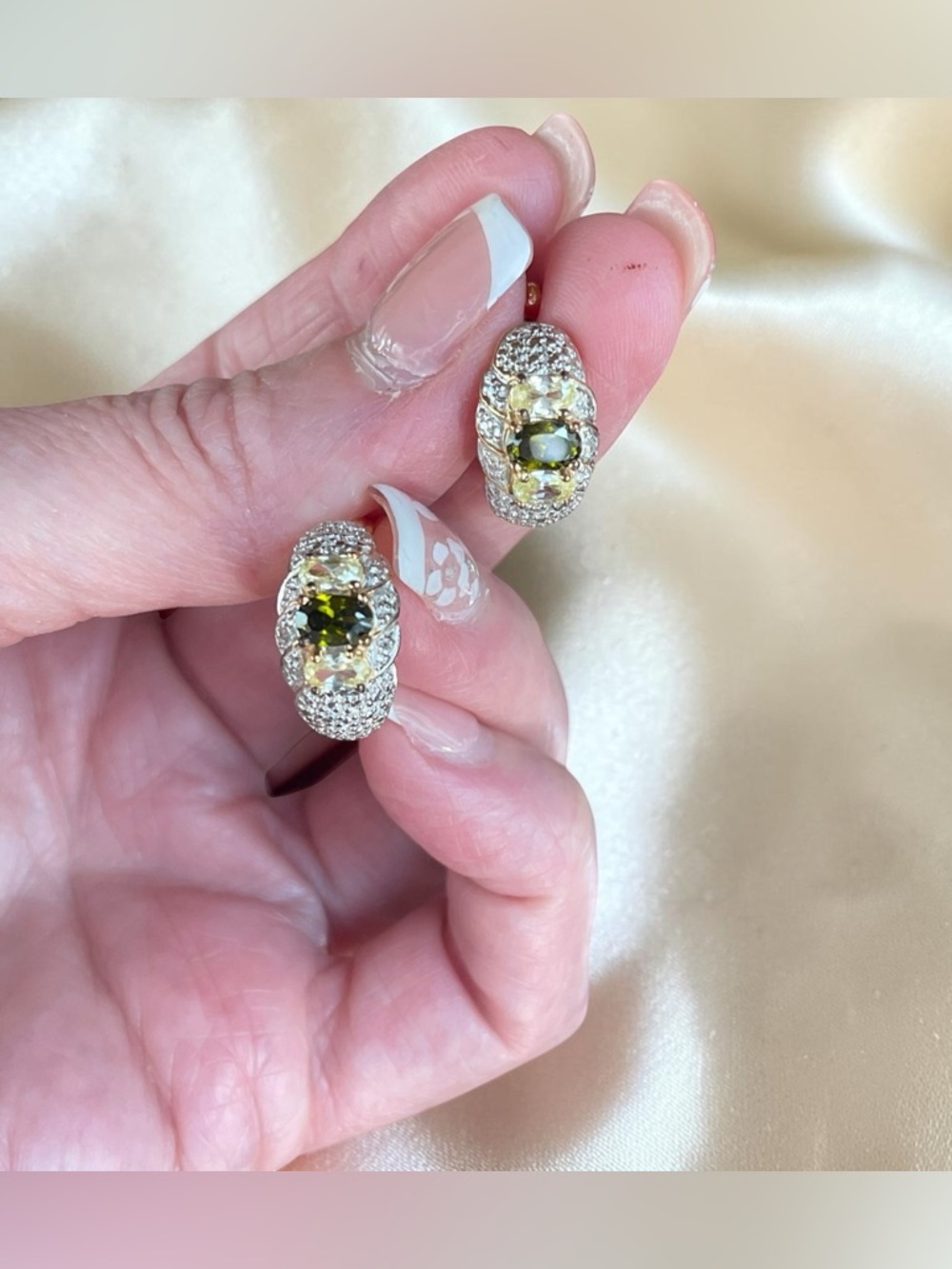 Signed 925 R China Vermeil Green & Yellow CZ Huggie Earrings